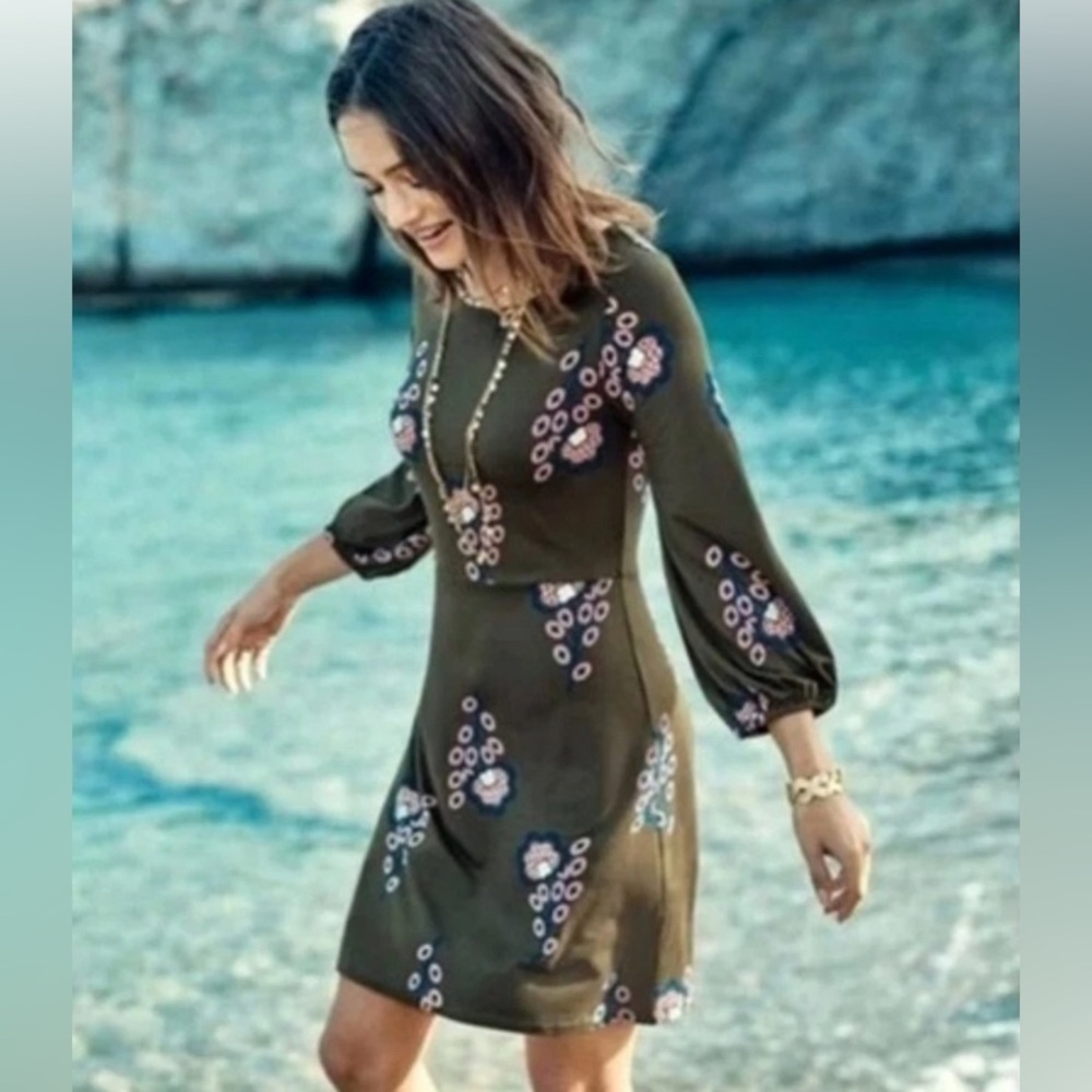Boden Floral Lucille Jersey Tunic Dress Size 12 LS Green Pink Preppy